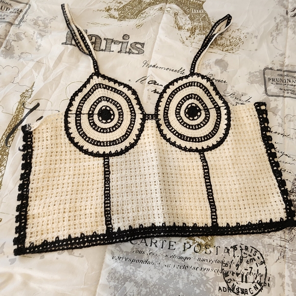 Zara Tops - Zara Black and Cream Crochet Crop Top